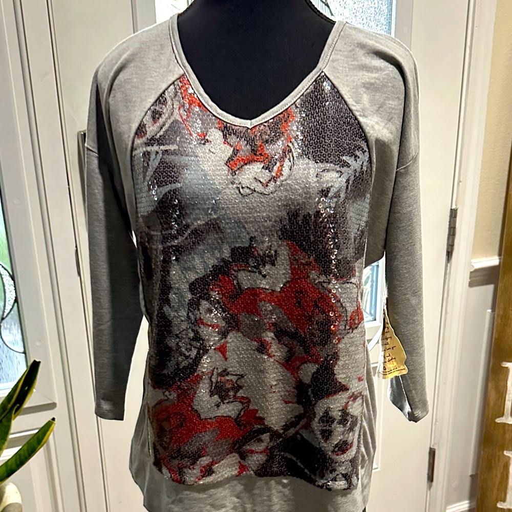 ONE WORLD Gray and Red Sequin Blouse
